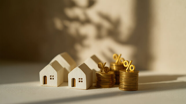 Miniature houses and stacked gold coins with percent symbols, illustrating mortgage rates, property investment, or housing affordability concepts