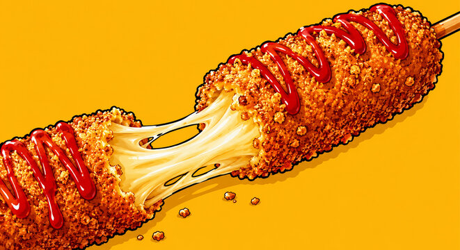 Crispy korean cheese corn dog pulled apart with ketchup drizzle