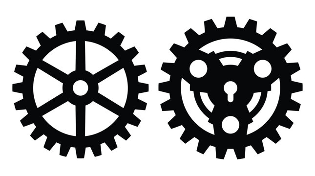 Two black gear silhouettes with spokes and teeth silhouette