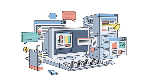 Vintage desktop computer setup is shown with multiple overlapping software windows, icons, and chat bubbles, representing early digital multitasking.