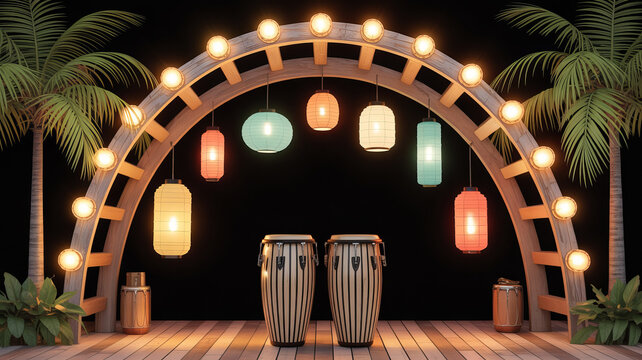 Conga drums sit centered on a wooden stage beneath an illuminated archway decorated with colorful hanging lanterns.