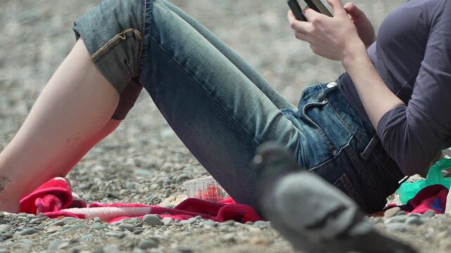 Pigeon beach smartphone sitting on a pebble shore while a person rests in the background using their mobile device