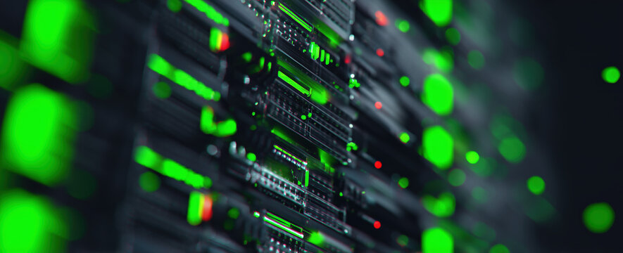AI server rack lights blurring into futuristic data center hallway