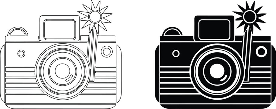Retro camera with flash vector outline and glyph black and white illustration.
