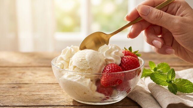 Hand scooping vanilla ice cream with strawberries and whipped cream