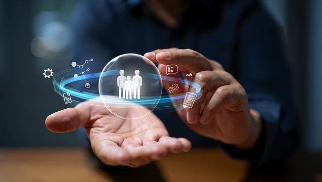 Businessman presenting virtual team and technology icons in his hand  modern office concept