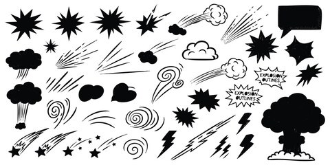 Set of hand drawn comic book explosion speech bubbles and motion action effect shapes © Sharmin