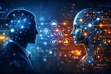 Obraz premium conceptual design of digital nodes linking human silhouettes with AI systems, symbolizing collaboration
