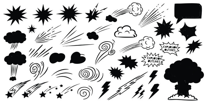 Set of hand drawn comic book explosion speech bubbles and motion action effect shapes