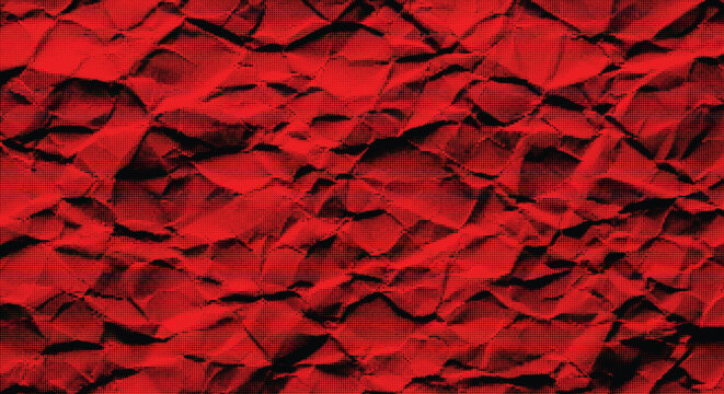 Crumpled paper texture in red and black colors with halftone dot effect for digital background or modern print graphic.