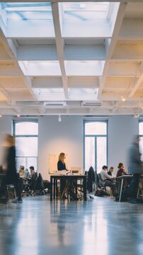 Modern open space office with creative professionals working at desks, large windows, and bright skylights. Collaborative workspace environment with natural light and contemporary design