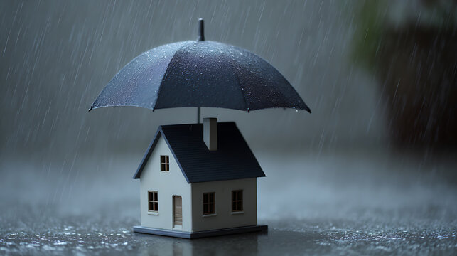 Miniature house protected by an umbrella during heavy rainfall, symbolizing safety, security, and property insurance against adverse weather