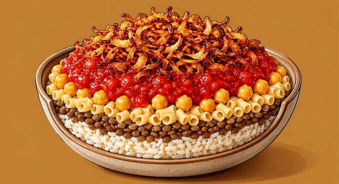 Egyptian traditional koshari bowl with rice lentils macaroni and crispy onions