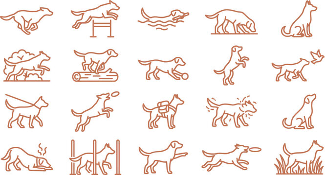 Dog icons set showing various active canine behaviors and poses in a simple linear style design