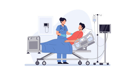 Fototapeta premium Nurse Caring For Patient In Hospital Bed With Medical Equipment