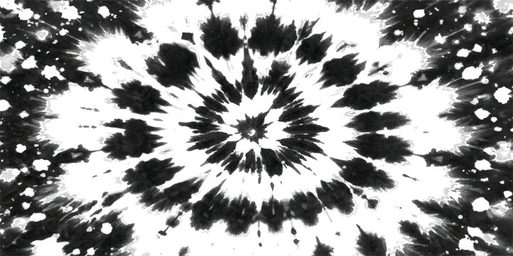 Black and white tie dye spiral pattern with ink splatter effect