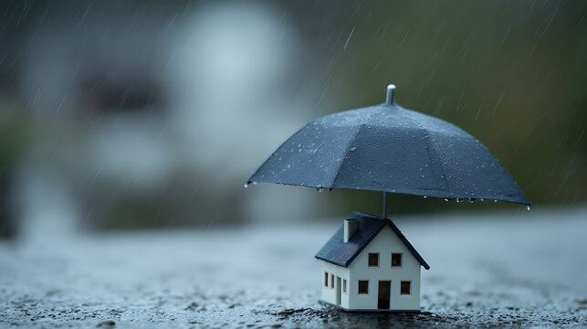 Miniature house beneath an umbrella in the rain, symbolizing home protection, security, and shelter from adverse weather conditions and risks