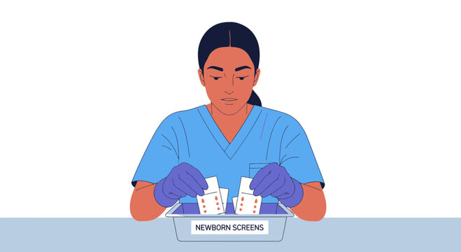 Nurse handling newborn screening cards for medical testing