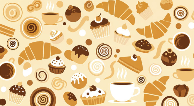 Bakery delights illustration assorted pastries and coffee on cream background