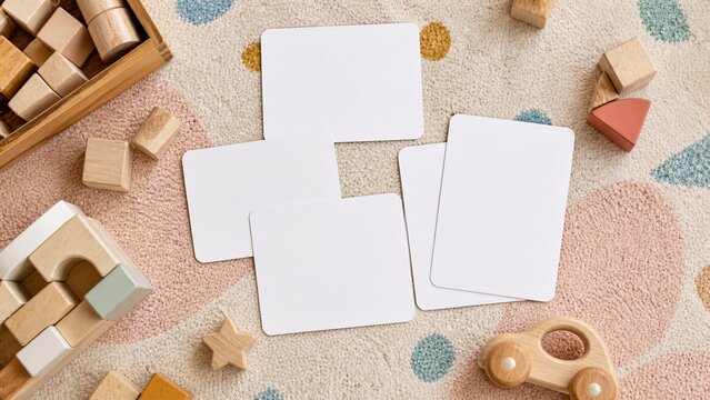 Blank square flashcards mockup on a pastel dotted kids playmat for educational printables.