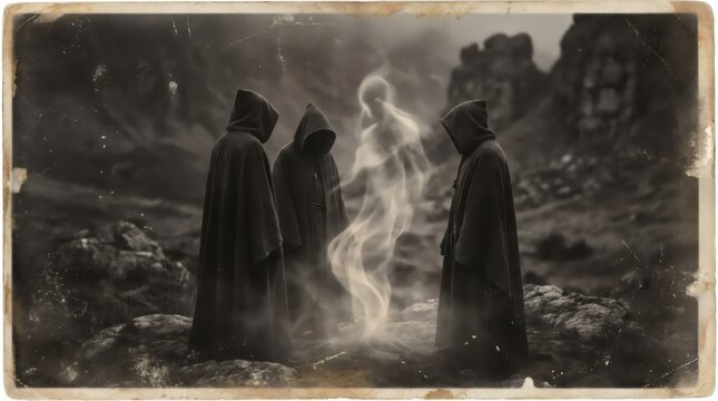 Three hooded men in cloaks summoning a ghost in a rocky landscape. Vintage film photograph of a cult ritual. Mystical horror scene representing spirits, magic, and dark fantasy.