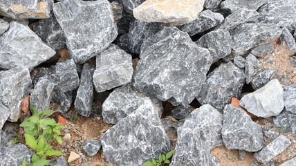 Fototapeta premium Pile of rough gray stones and some green plants