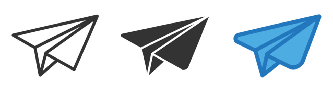 Paper plane icon in blue style for message sending, email, telegram, online communication, and travel-inspired origami mail pictogram