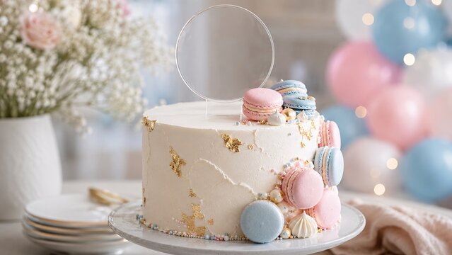 Blank clear round acrylic cake topper mockup on an elegant white cake with macarons.