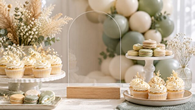 Blank clear acrylic arched sign mockup on a dessert table with pastel balloons.