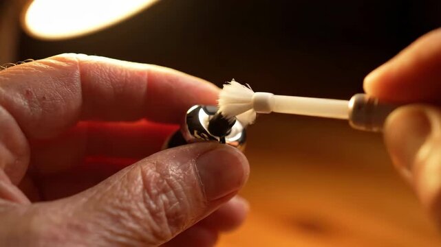 Cleaning a small tube with a cotton swab in a well-lit space at home