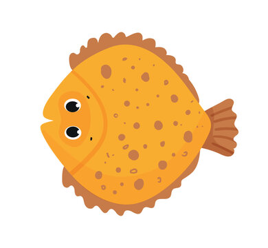 Cute cartoon vector illustration of a round yellow flounder fish with brown spots. Marine flatfish character isolated on white background.