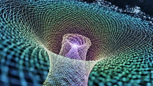 Abstract swirling vortex of luminous, interconnected threads converges towards a glowing core, creating a visually stunning representation of cosmic phenomena and intricate digital networks