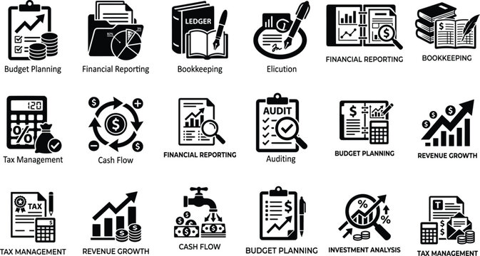 Finance and accounting icon set featuring budget planning, financial reporting, bookkeeping, tax management, revenue growth, cash flow, audit, and investment analysis symbols.