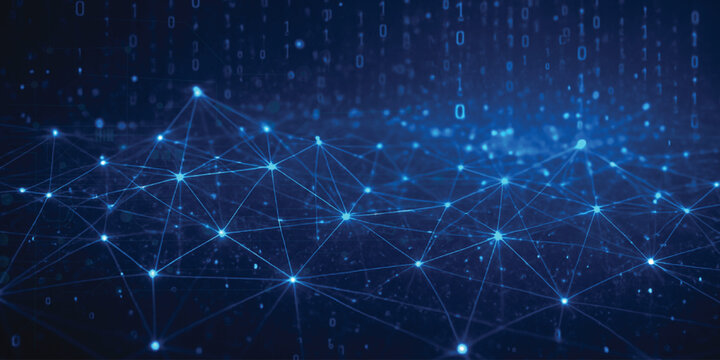 Blue Digital Network Background with Glowing Connected Nodes, Binary Code Rain, Big Data Communication, AI Technology, Cyber Space Abstract