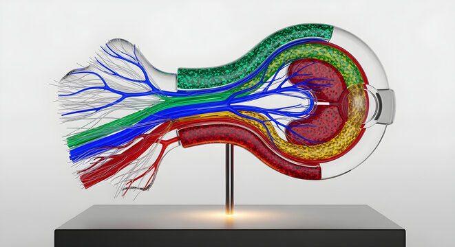 3d model of kidney anatomy displayed on stand showing various vascular blood pathways.