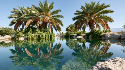 Fototapeta premium Calm water mirrors palm trees under clear blue sky.