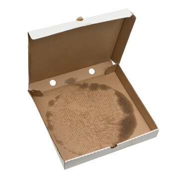 Empty greasy pizza box with oil stains and food marks isolated