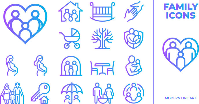 Family icons in gradient blue purple colors modern line art vector collection.