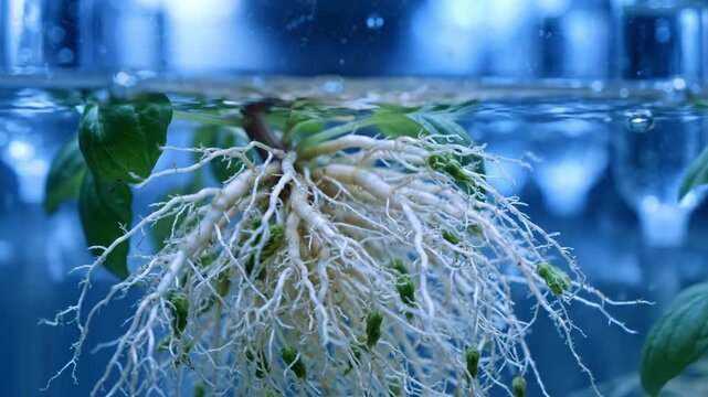 Roots grow underwater in a glass container with light and green leaves