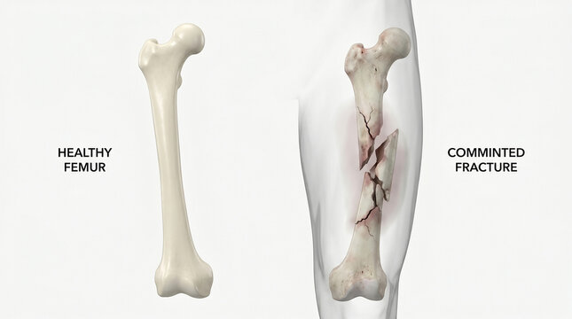 Comminuted femur fracture medical comparison with healthy thigh bone anatomy