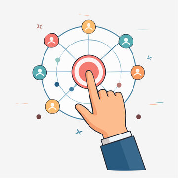 Hand pressing target with connected people icons