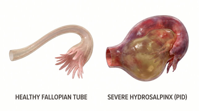 Severe hydrosalpinx pelvic inflammatory disease PID fallopian tube anatomy comparison