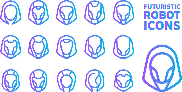 Futuristic robot icons humanoids androids mechanical faces cybernetic heads and artificial beings.