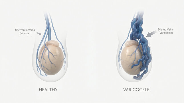 Varicocele dilated spermatic veins scrotum anatomy and healthy testis comparison