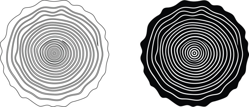 Tree rings wood texture outline and silhouette vector set on transparent background design.