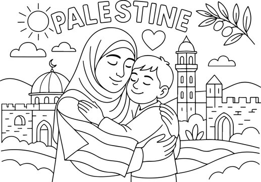 Loving Palestine cartoon outline hand drawn Line Art illustration doodle art coloring page for kids