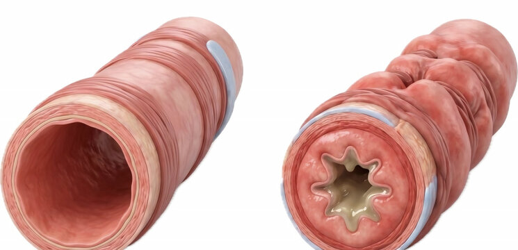 Asthma bronchus constriction mucosal edema and healthy airway lung comparison