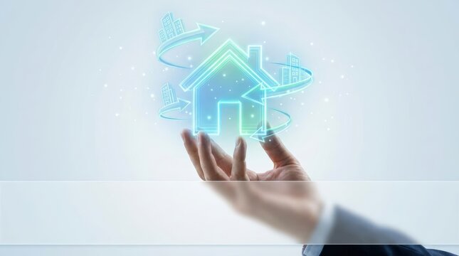 Business hand lifting digital house icon with investment arrows