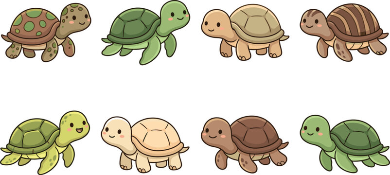 Cute Turtle Character Set with Smiling Cartoon Tortoises in Different Shell Colors for Kids Animal DesignsCute Turtle Character Set with Smiling Cartoon Tortoises in Different Shell Colors for Kids An