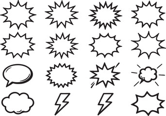 Fototapeta premium Hand-Drawn Comic Speech Bubbles, Starburst Bursts and Explosion Callouts in Black Outline.